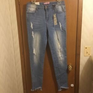 Unfinished Raw Hem  Light Blue Distressed Skinny Jeans 11